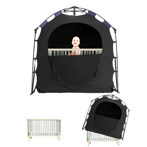 Hiaksedt Blackout Tent for Pack and Play, Baby Sleep Pod, Portable Blackout Cover, Travel Crib Canopy, 1-Click Set Up Sleep Pod Blocks 95% of Light（Black）