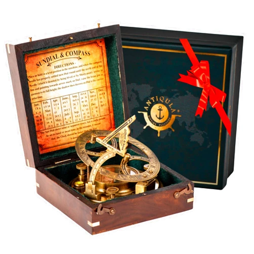 Antiqula 5 inch Large Sundial Compass with Wooden Rosewood Box, Perfectly Calibrated Steampunk Antique Brass Sundial Clock with Chart for Guidance, Ideal Nautical & Vintage Gift for Men