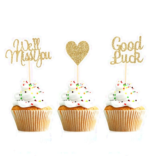 Donoter 24 Pieces Light Gold Glitter We Will Miss You Cupcake Toppers Good Luck Heart Cake Picks for Going Away Party Table Decorations