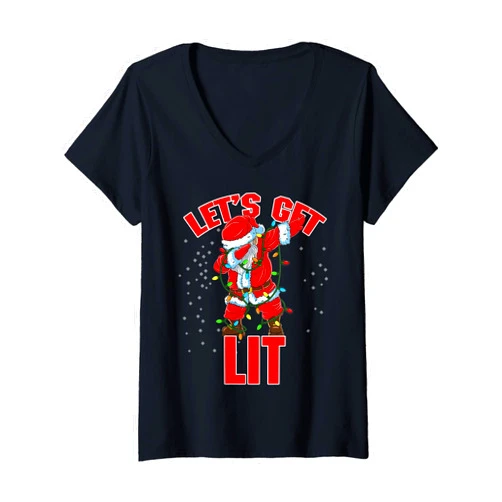 Let's Get Lit Drinking Santa Hat Dabbing Christmas Womens Let's Get Lit Drinking Santa Hat Dabbing Christmas Lights V-Neck T-Shirt