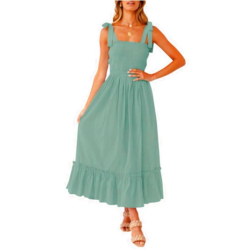 ZESICA Women's 2024 Summer Boho Spaghetti Strap Square Neck Solid Color Ruffle A Line Beach Long Maxi Dress
