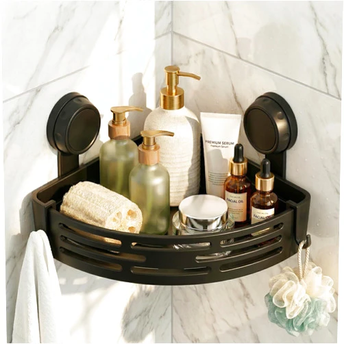 Anreelkou Corner Shower Caddy Suction Cup No Drilling, Removable Corner Shower Shelves, Bathroom Organizers and Storage, Shower Caddy Corner Storage Rack with Towel Hooks, Black