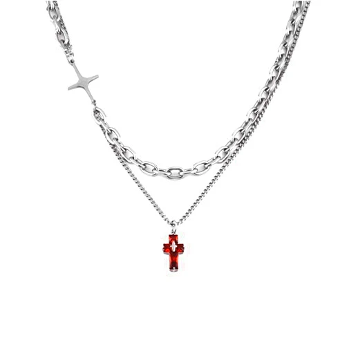 GulCean Goth Cross Necklace for Men Stainless Steel Trendy Y2K Layered Paper Clip Cross Cuba Chain Red Black Zircon Liquid Metal Cross Pendant Charm Choker Necklace for Women
