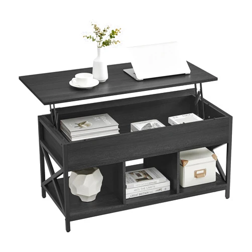 VASAGLE Lift Top Coffee Table, Lift Coffee Table with Storage Shelf, Hidden Compartments and Lifting Top, for Living Room, Office, 19.7 x 39.4 x (19.3-24.4) Inches, Black with Wood Grain ULCT202B22