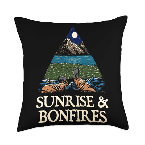 Camp Sunny Hiker Nature Lover Vacation Sunrise and Bonfires Camping Summer Camper Tropical Hiking Throw Pillow, 18x18, Multicolor