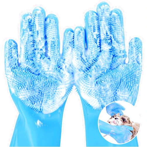 Pecute Pet Grooming Gloves - Heat Resistant Silicone Gloves with High-Density Teeth, Enhanced Five Finger Design for Bathing and Massaging Dogs and Cats, Blue