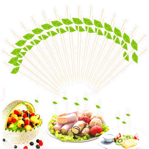 OOTSR 100pcs Bamboo Cocktail, 4.7 inch Green Leaf Toothpicks Sandwich Fruit Toothpicks Cocktail Picks for Party Appetizer Drink Martini Food Supplies Birthday Cake Party Snack Decorative