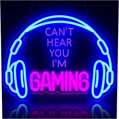 ReyeeInc Gaming Neon Sign, Large Bright and Dimmable Colored LED Headset Gamer Neon Light and USB Powered Headphone Lightup Game Signs for Game Zone Video Room Boy Bedroom Wall Decor (Can't Hear You I'm Gaming)