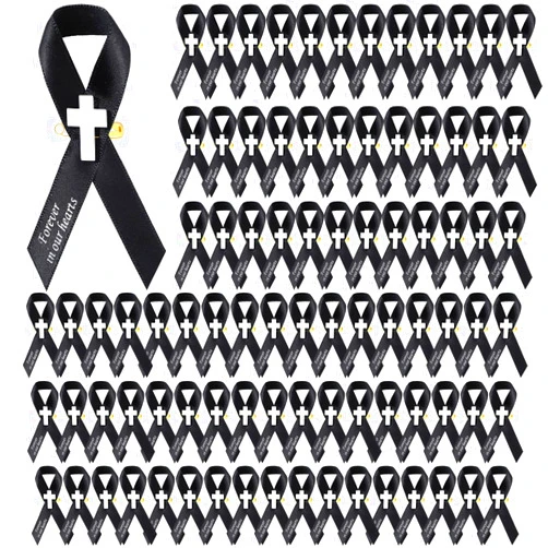 Geosar 100 Pcs Cross Funeral Ribbons Memorial Ribbon Memorial Service Respect Ribbon Bow with Safety Pin for Mourning(Black)