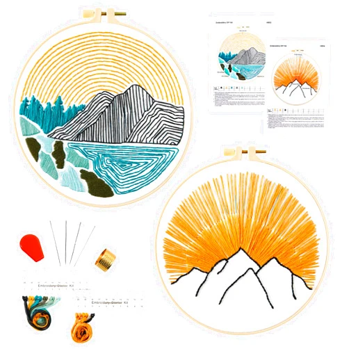 Armindou Hand Embroidery Starter Kit for Beginners Adults, Counted Stamped Cross Stitch Needlepoint Kit for Beginner Adult, 2 Embroidery Hoop, 2 Embroidery Fabric with Line Patterns, 2 Set Embroidery Supplies