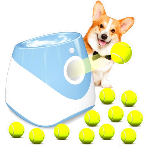 Ubistar Automatic Dog Ball Thrower Launcher with 12 PCS Tennis Balls,Thrower Distance 10-30ft, Interactive Dog Fetch Machine Toy for Small Dogs (Blue dog ball launcher)