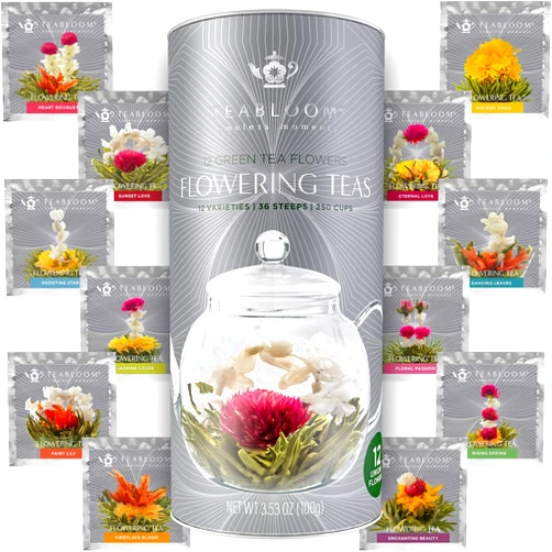 Teabloom Flowering Tea - 12 Unique Varieties of Blooming Tea Flowers - Hand-Tied Green Tea Leaves & Edible Flowers - 12-Pack Gift Canister