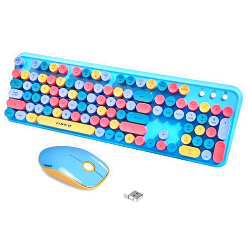 FOPETT 2.4GHz Wireless Keyboard and Mouse Set with Switch Button - Full-Size Keyboard - Compatible for Windows/Laptop/PC/Notebook/Smart TV and More - Blue Colorful