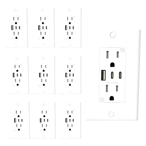 ELEGRP USB Outlets, 15 Amp Wall Outlet with 3 USB Ports, Dual USB C Ports Outlets, TR Tamper-Resistant USB Outlets Receptacles, Wall Plate Included, UL/CUL Listed, 10 Pack, White