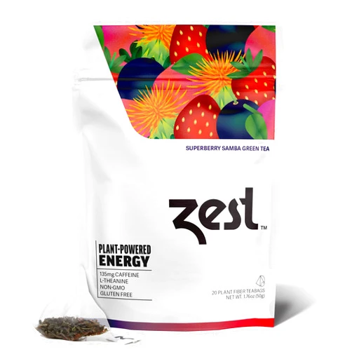 ZEST TEA Zest 135mg High Caffeine Energy Leaf Blend - Superberry Samba Green Tea - 20 Pack Bag - Hot or Iced - All Natural Strong Flavored Healthy Coffee Highly Caffeinated Substitute - Perfect for Keto Diet