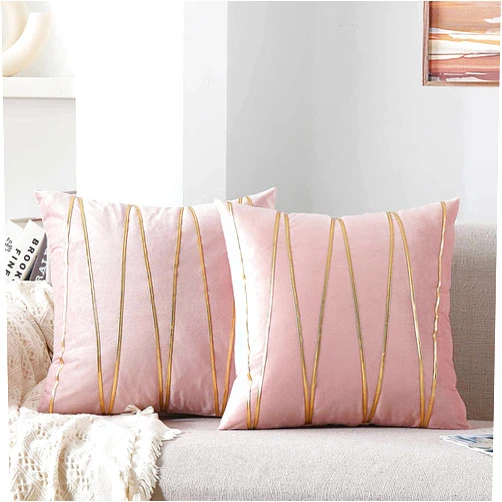 WACOMECO Soft Throw Pillow Covers - Velvet Decorative Cushion Covers Cases for Sofa Bedroom Livingroom Car, 18 x 18 in, Pink and Gold