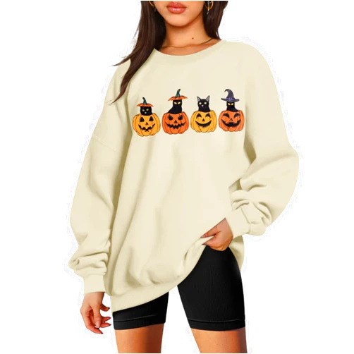 UNIQUEONE Halloween Sweatshirt Women Oversized Black Cat Pumpkin Sweatshirt Fall Pumpkin Face Pullover Tops