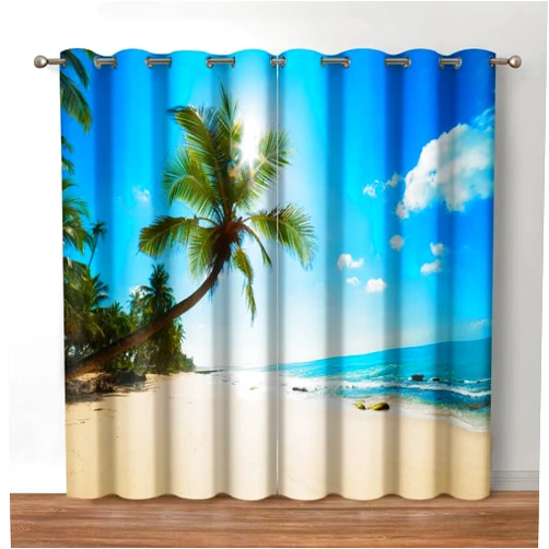 Jekeno Tropical Ocean Blackout Curtains, Beach Hawaii Palm Tree Blue Sky Sea Theme Grommet Window Drapes for Bedroom Living Room, 42 Wide 54 Long inches, 2 Panel Set