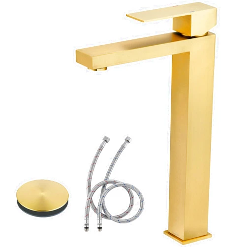 Tohlar Vessel Sink Faucet Gold, Tall Bathroom Faucets for Vessel Sinks Brushed Gold Modern Single Handle 1 Hole Stainless Steel Bathroom Vanity Faucet with Water Supply Hose and Pop Up Sink Drain