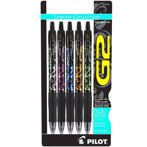Pilot, G2 Premium Gel Roller Pens, Fine Point 0.7 mm, Fashion Collection, Black, Pack of 5