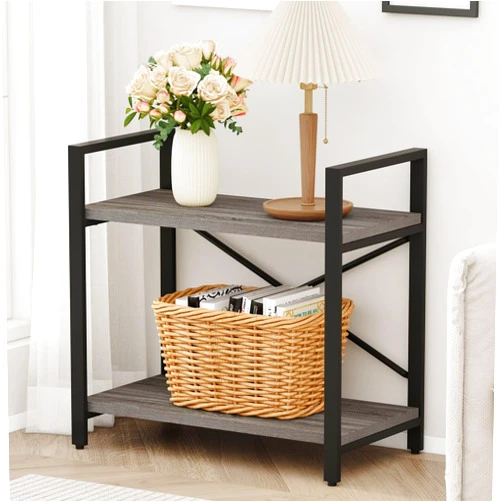 BON AUGURE Small Bookshelf for Small Space, 2 Tier Shelf Floor Bookcase for Storage, Industrial Short Low Wood Metal Book Shelves for Bedroom, Office and Living Room(Dark Gray Oak)