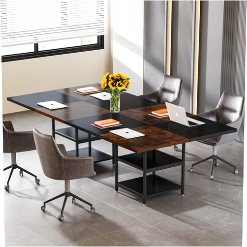 Tribesigns 47-Inch Square Conference Table, Wood Seminar Table with Storage and Splicing Tabletop, Business Furniture Boardroom Desk for Meeting Conference Room Seminar Room, Rustic Brown and Black
