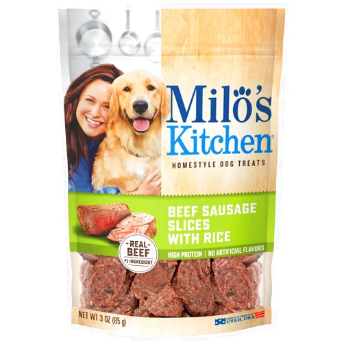 Milo's Kitchen Home-Style Dog Treats 100% Real Beef Sausage Slices With Rice 3 Oz.