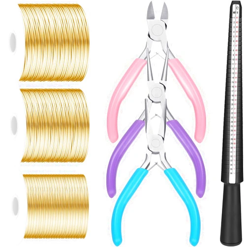Ferraycle 3 Rolls 18/20/22 Gauge Craft Wire for Jewelry Making Aluminum Wire with Ring Sizer Pliers for Jewelry Making(Gold)