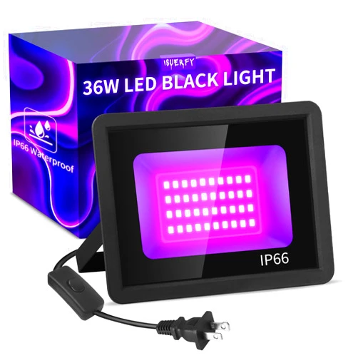 ISUERFY 36W LED Black Light IP66 Waterproof, Outdoor Blacklight Flood Light with Plug+Switch+Cord, Light Up 22x22ft, for Neon Glow in the Dark Party Body Paint Fluorescent Poster Classroom Bedroom Halloween