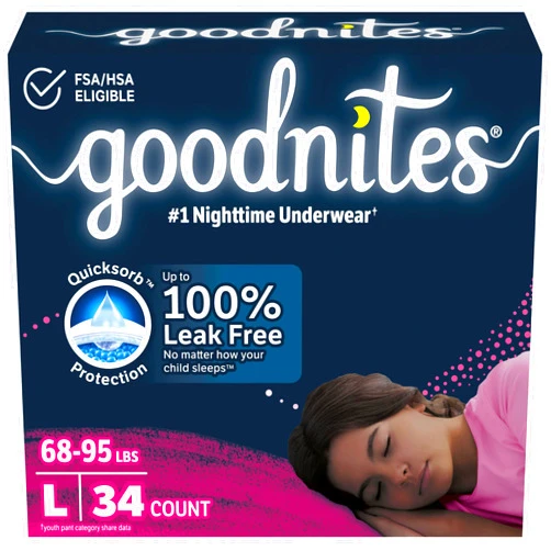 Goodnites Girls' Nighttime Bedwetting Underwear, Size Large (68-95 lbs), 34 Ct (2 Packs of 17), Packaging May Vary