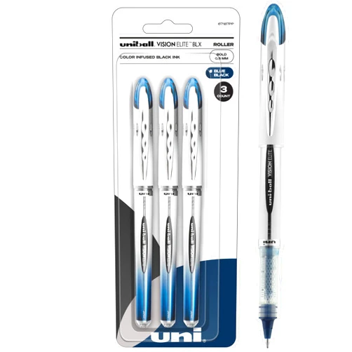 Uni-Ball Vision Elite BLX Rollerball Pens, Blue/Black Pens Pack of 3, Bold Pens with 0.8mm Ink, Ink Black Pen, Pens Fine Point Smooth Writing Pens, Bulk Pens, and Office Supplies
