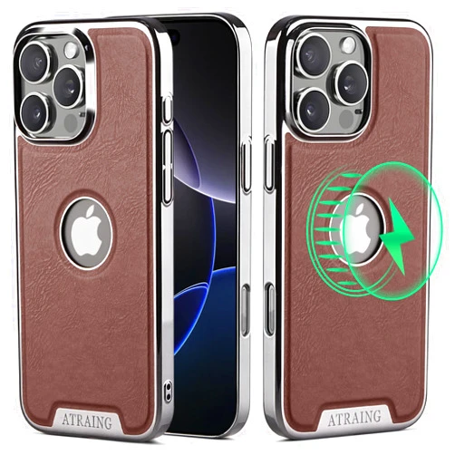 ATRAING Compatible for iPhone 16 Pro Max Leather Case Electroplated Luxury Calfskin Business-Style Vegan Leather Case with MagSafe, Slim Design for iPhone 16 Pro Max (2024) 6.9-inch, for Men and Women
