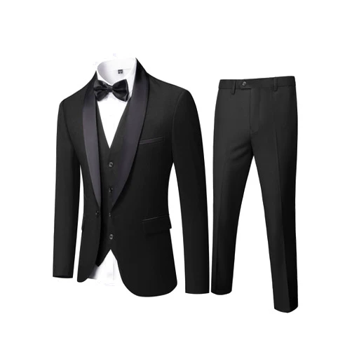 YND Men's 3 Piece Slim Fit Tuxedo Set, One Button Shawl Collar Solid Jacket Vest Pants with Bow Tie