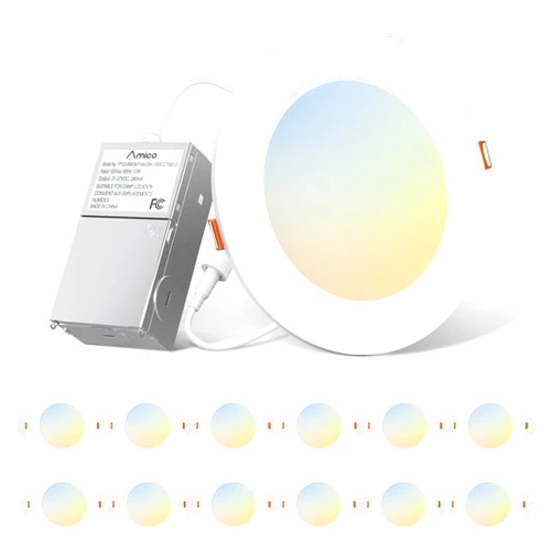 Amico 12 Pack 6 Inch 5CCT Ultra-Thin LED Recessed Ceiling Light with Junction Box, 2700K/3000K/4000K/5000K/6000K Selectable, 1000LM Brightness, Dimmable Canless Wafer Downlight, 12W Eqv 110W-ETL&FCC