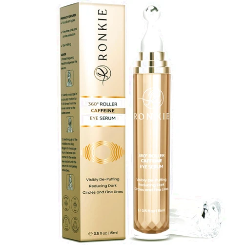 RONKIE 5% Caffeine Eye Cream with 360° Roller: Eye Cream for Dark Circles and Puffiness - Under Eye Serum Hydrate Eye Area - Reduce Wrinkles and Fine Lines