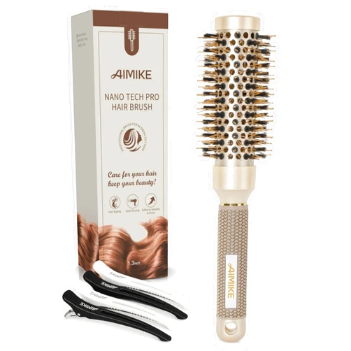 AIMIKE Round Brush, Nano Thermal Ceramic & Ionic Tech Hair Brush, Small Round Barrel Brush with Boar Bristles for Blow Drying, Styling, Curling and Shine (2.4 inch, Barrel 1.3 inch) + 4 Clips