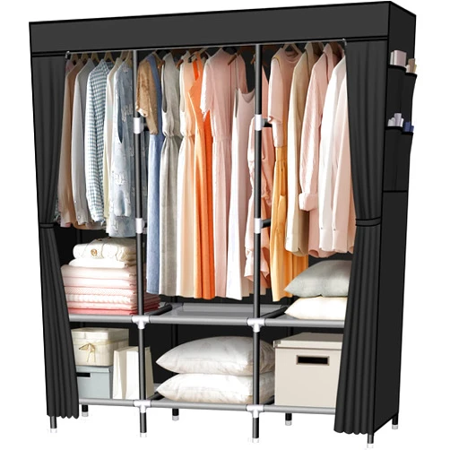 LOKEME Portable Wardrobe, 61-Inch with 3 Hanging Rods and 6 Storage Shelves, Non-Woven Fabric, Stable and Easy Assembly Black Portable Closets for Hanging Clothes with Side Pockets