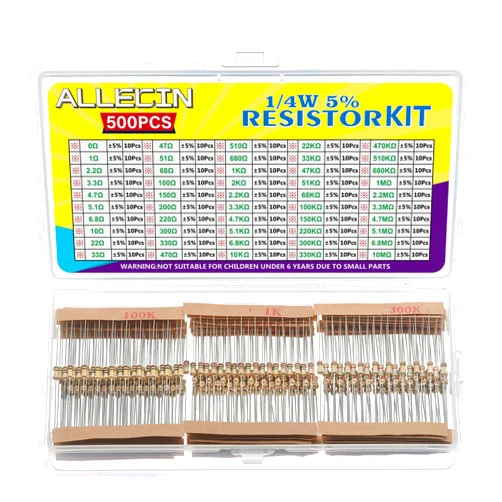 ALLECIN 50 Values 1/4W 0 Ohm to 10M Ohm ±5% Carbon Film Resistor Assorted 1/4 Watt Common Fixed Resistors Assortment Kit