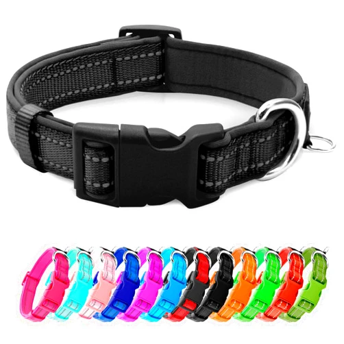 azuza Reflective Dog Collar, Soft Neoprene Padded Pet Collar with ID Tag Ring, Adjustable for Small Dogs,Black,S