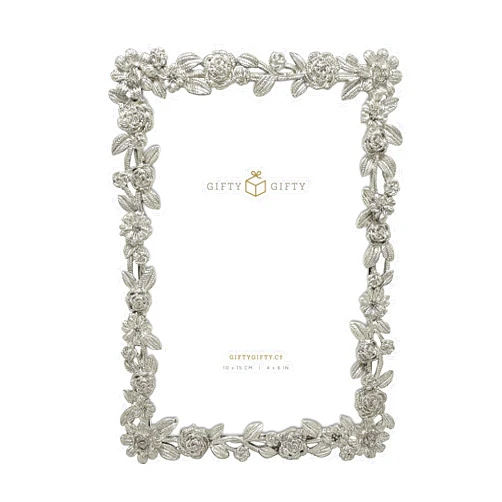 GIFTY GIFTY Cut-Out Floral Photo Frame / 4x6 In | For Vertical and Horizontal Display on Tabletops | Perfect for Home Decor, Wedding, Vacation, Graduation, Or Any Milestone Photos (Silver)