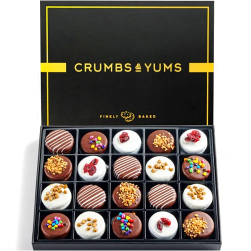 CRUMBS & YUMS Cookies Gift Basket - 20 Gourmet Chocolate Covered Sandwich Cookies with Assorted Toppings - Assorted Food Gift Box for Christmas, Thanksgiving, Fathers Day, Mothers Day, Family, Sympathy, Men & Women.