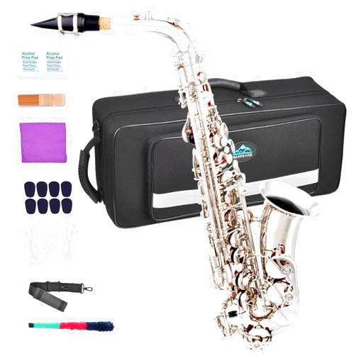 EASTROCK Alto Saxophone Nickel E Flat Sax Full Kit for Students Beginner with Carrying Case,Mouthpiece,Mouthpiece Cushion Pads,Cleaning Cloth&Cleaning Rod,White Gloves,Neck Strap