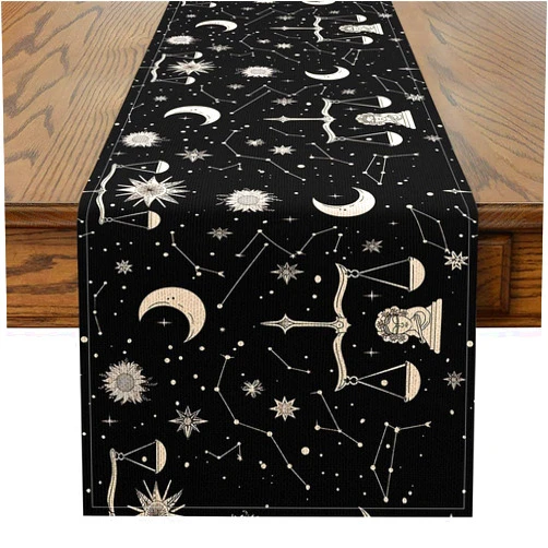 jejeloiu Astrology Table Runner Galaxy Outer Space Kitchen Dining Decoration for Home Party Horoscope Signs Home Decor for Living Room Dresser Scarfs Bohemian Sun Moon Black White 72x13 Inch