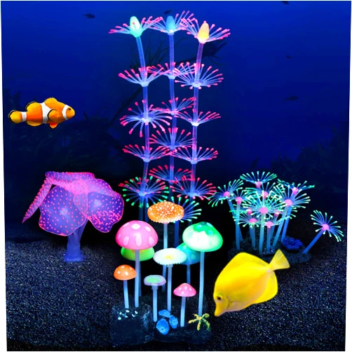 Filhome Glowing Fish Tank Decorations, 4 pcs Glow Aquarium Decoration Plants Kit Glowing Mushroom Coral Ornaments