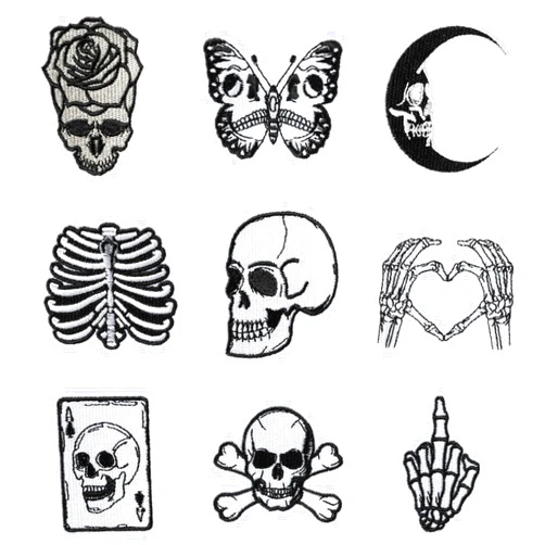 Kirako 9 Pcs Skull Iron on Patches Horror Goth Punk Skeleton Heart Hands Crossbones Sew on Embroidered Applique Repair Patch DIY Craft Accessories Cool Halloween Embroidery Gifts for Clothing Backpack Hat