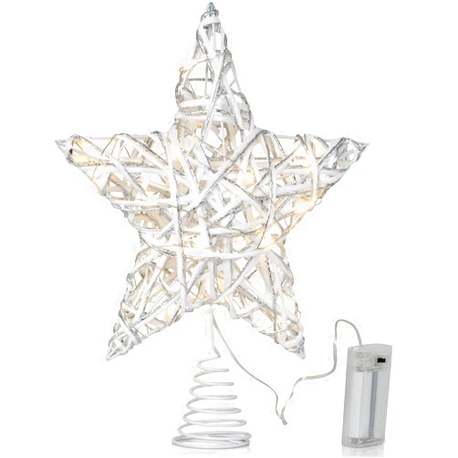 Ornativity Christmas Star Rattan Tree Topper – White and Silver Xmas Holiday Decor Rustic LED Lights Light Up Tree Top Topper Ornament Decoration 12