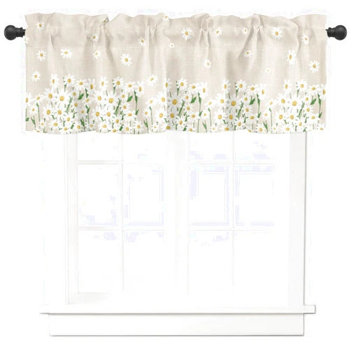 Bilagawa Valance Curtains Spring White Daisy Flowers Plants Linen Style Background Linen Texture Kitchen Valance Rod Pocket Window Treatments for Kitchen Bathroom Bedroom 54x18 Inch