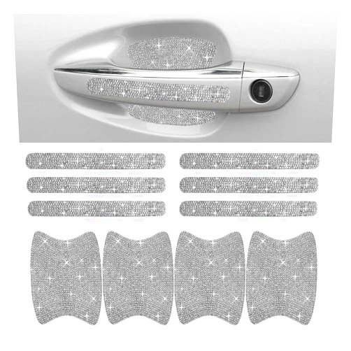 JOYCOURT Bling Car Door Handle Protector, Bling Car Door Handle Sticker Anti-Scratch, Universal Car Door Handle Protective Cover, Shiny Rhinestone Car Decor Accessories for Women (White)