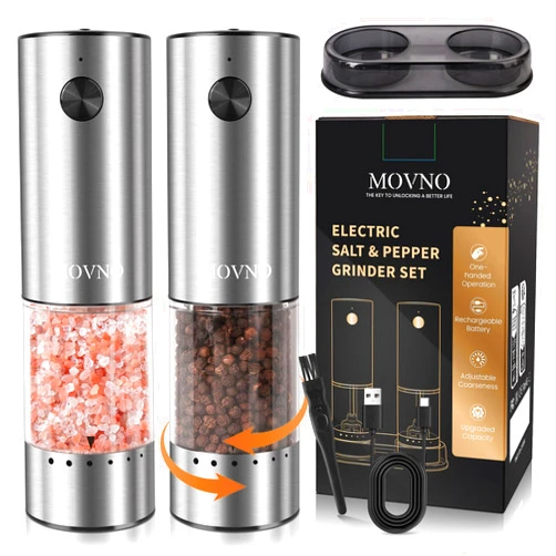 MOVNO Electric Salt and Pepper Grinder Set, External Adjustable Coarseness, USB Rechargeable, One-Handed Operation with LED Light, Stainless Steel Mill Grinders Shakers with Storage Base