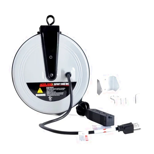 Aceland 25ft Retractable Extension Cord Reel with 3 Electrical Outlets, 16AWG/3C SJTW Power Cord for Indoor & Outdoor Use, UL Listed